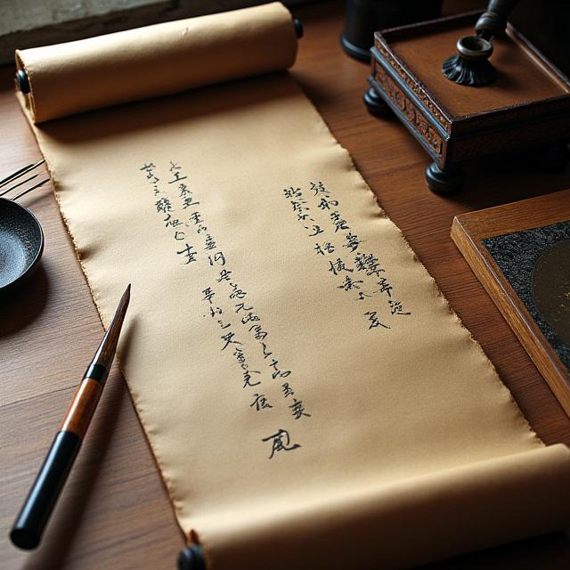 Ancient Japanese scrolls and tools, representing historical research.